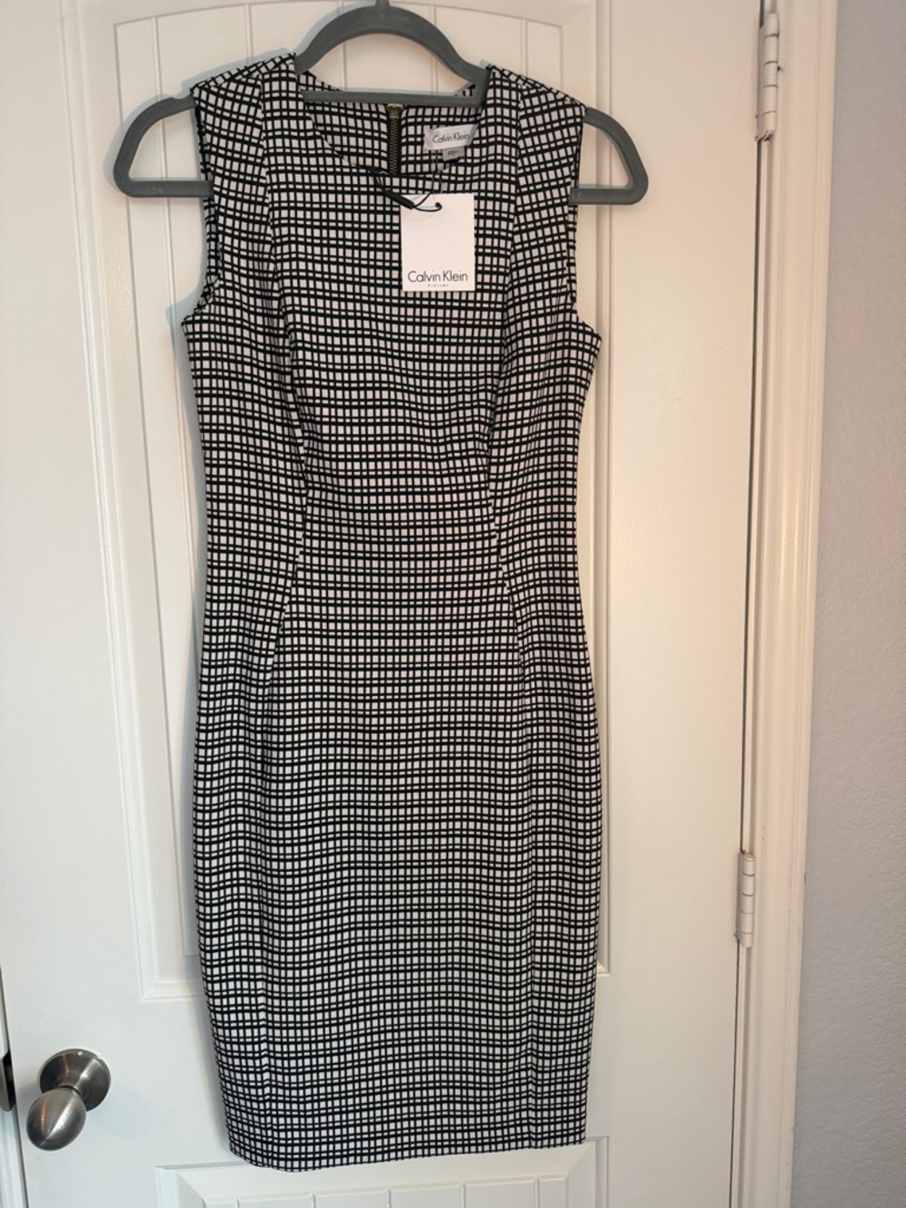 Calvin Klein Black & White Grid Sheath Midi Dress